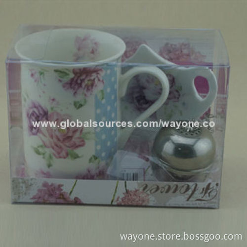 Tea Time Gift Set, Vintage Design Porcelain 9oz Mug, Infuser, Tea Bag Holder, Gift Box Packing